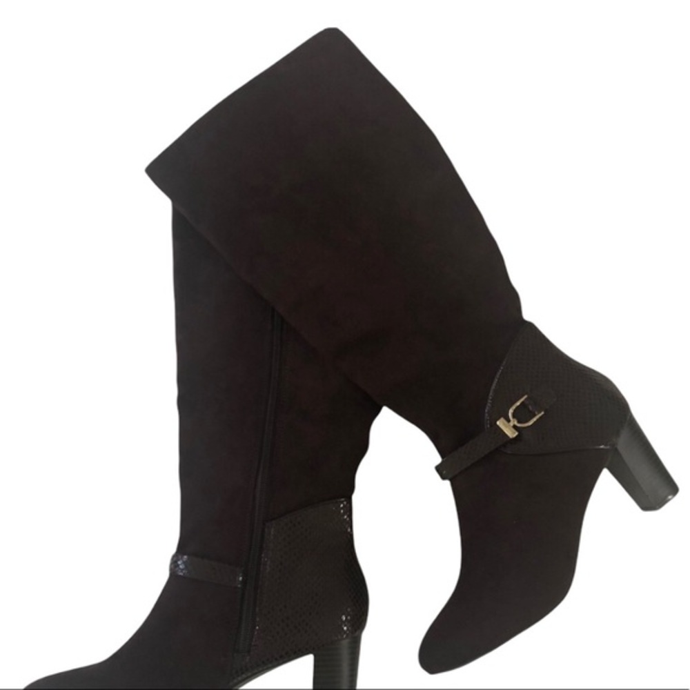 Karen Scott‎ Womens Brown Faux Suede Snakeskin Block Heel Knee High Boots Buckle